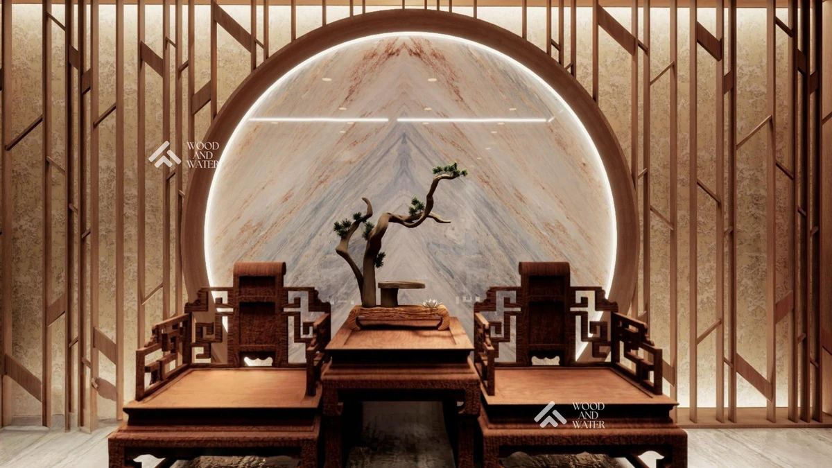 Chinese moon-gate tea room design